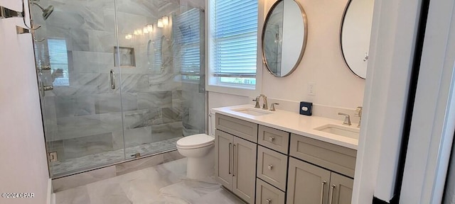 bathroom with vanity, toilet, and walk in shower