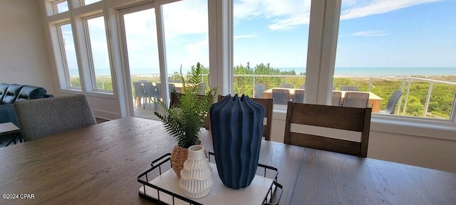 dining space featuring dark wood-type flooring, a water view, and a healthy amount of sunlight