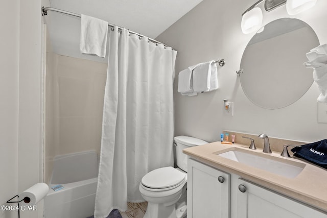 full bathroom featuring vanity, shower / bath combo, and toilet