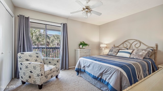 bedroom with a closet, ceiling fan, carpet flooring, and access to exterior