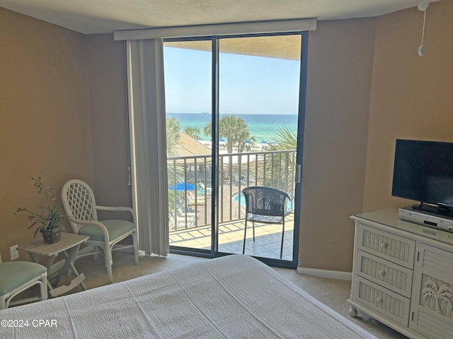 carpeted bedroom with a wall of windows and access to outside