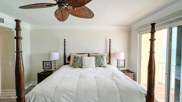 bedroom with ceiling fan and ornamental molding