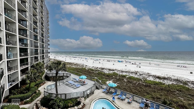 view of water feature with a beach view