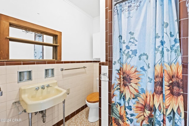 bathroom featuring tile flooring, tile walls, sink, tasteful backsplash, and toilet