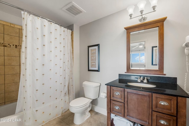 full bathroom featuring shower / bathtub combination with curtain, vanity with extensive cabinet space, toilet, and tile flooring