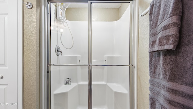 bathroom with a shower with shower door