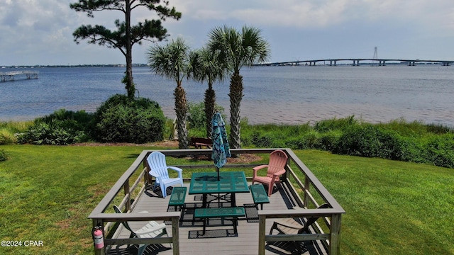 view of home's community featuring a water view and a lawn