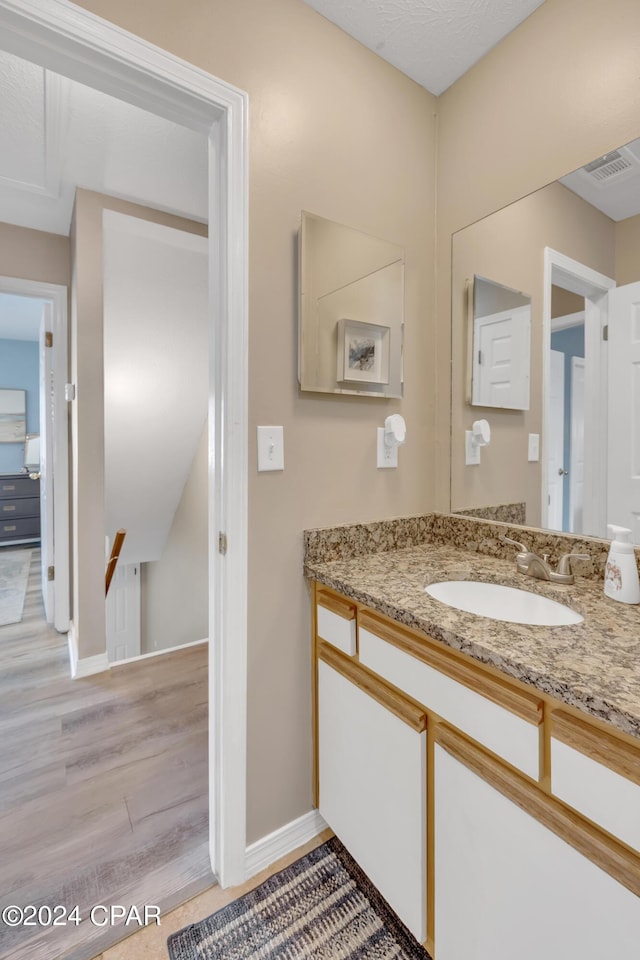 bathroom with hardwood / wood-style flooring and vanity