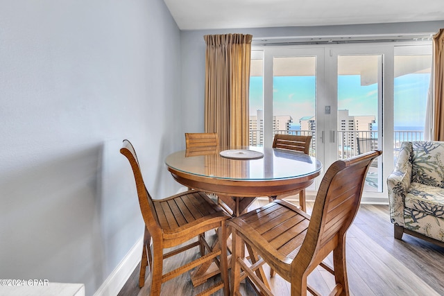 dining space featuring a view of city, baseboards, wood finished floors, and french doors