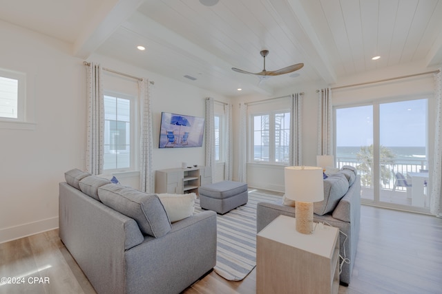 living room featuring beamed ceiling, light hardwood / wood-style floors, and a wealth of natural light