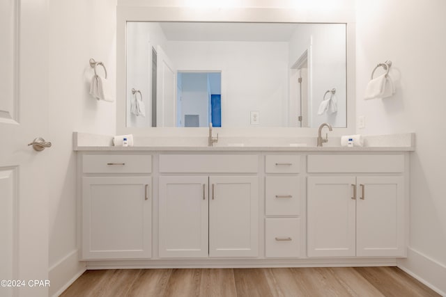 bathroom featuring wood-type flooring and dual vanity