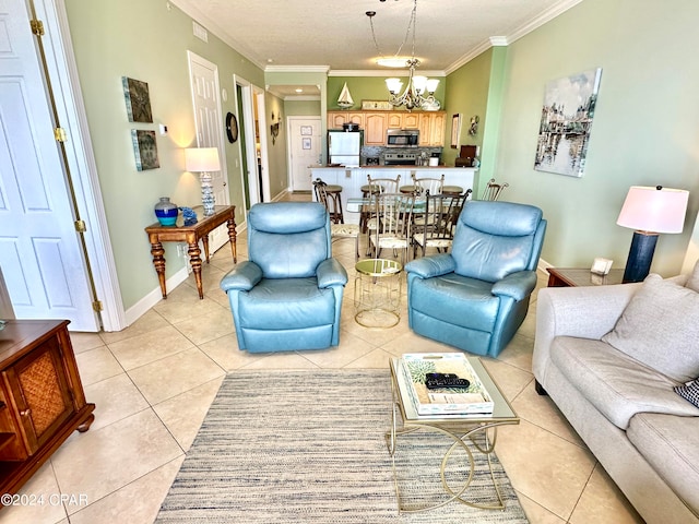 tiled living room with a chandelier and ornamental molding