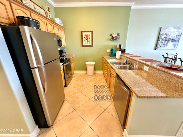 kitchen with sink, stainless steel appliances, light tile floors, and ornamental molding