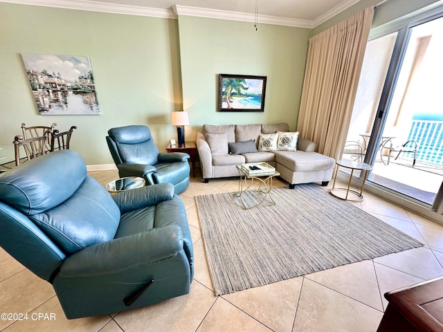 living room with crown molding and tile flooring