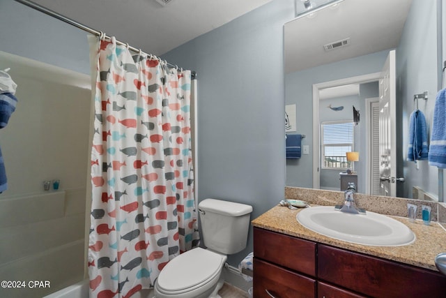 full bath featuring shower / bath combo, visible vents, vanity, and toilet