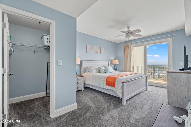 carpeted bedroom featuring ceiling fan, baseboards, a walk in closet, and a closet