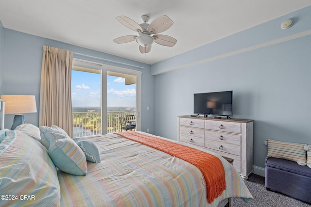 bedroom with ceiling fan, access to outside, carpet floors, and baseboards