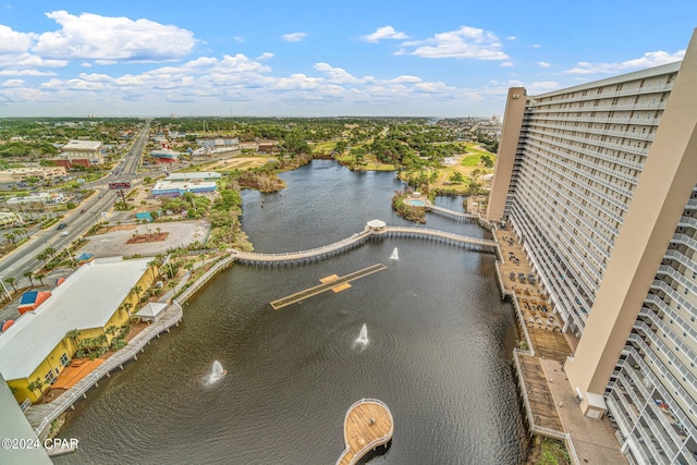 drone / aerial view with a water view