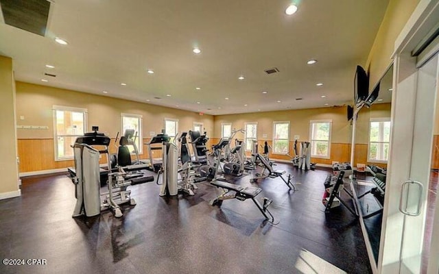 gym with wooden walls