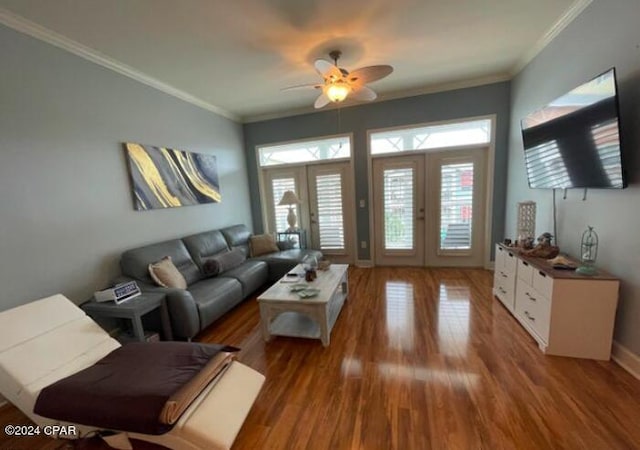 living room with hardwood / wood-style floors, ceiling fan, french doors, and plenty of natural light