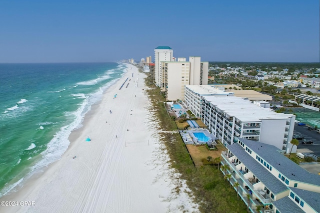 aerial view featuring a beach view and a water view