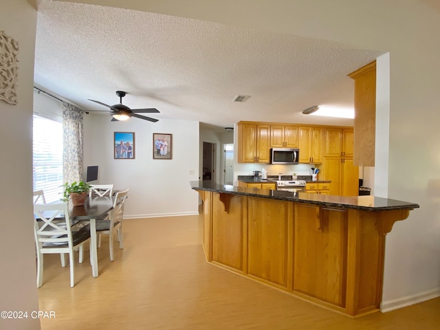 kitchen with ceiling fan, dark stone countertops, light wood-type flooring, kitchen peninsula, and stainless steel appliances