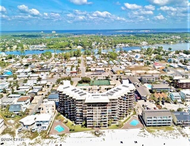 drone / aerial view featuring a water view