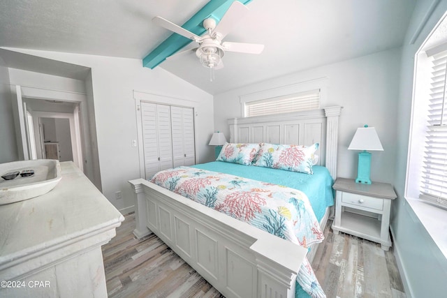 bedroom featuring light wood-type flooring, ceiling fan, a closet, and multiple windows