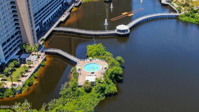 drone / aerial view with a water view