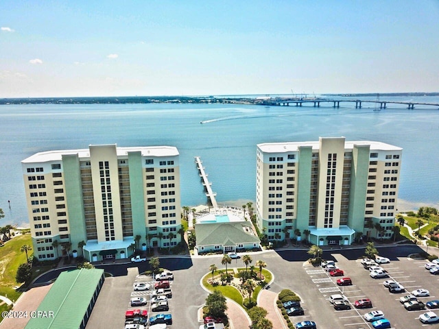 bird's eye view with a water view