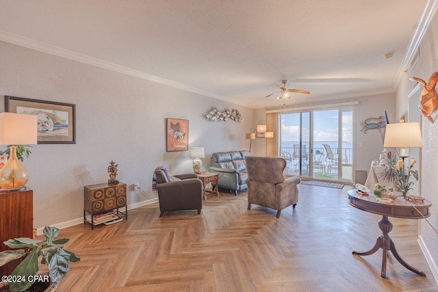 living room with parquet flooring, ceiling fan, and crown molding