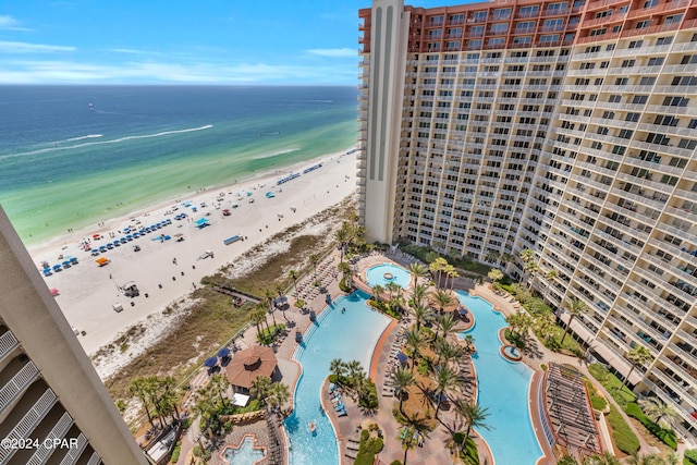 bird's eye view with a view of the beach and a water view