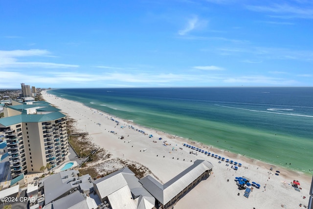 bird's eye view with a view of the beach and a water view