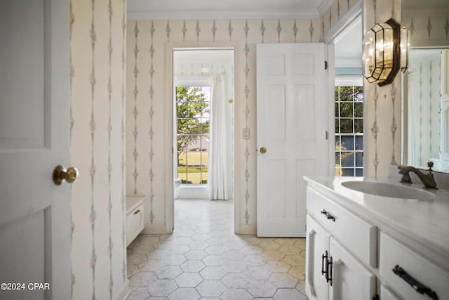 entryway featuring sink, crown molding, light tile floors, and a wealth of natural light