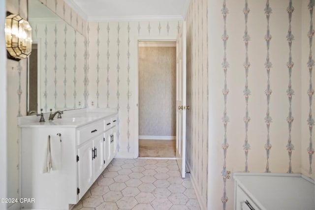 bathroom featuring ornamental molding, tile flooring, and vanity