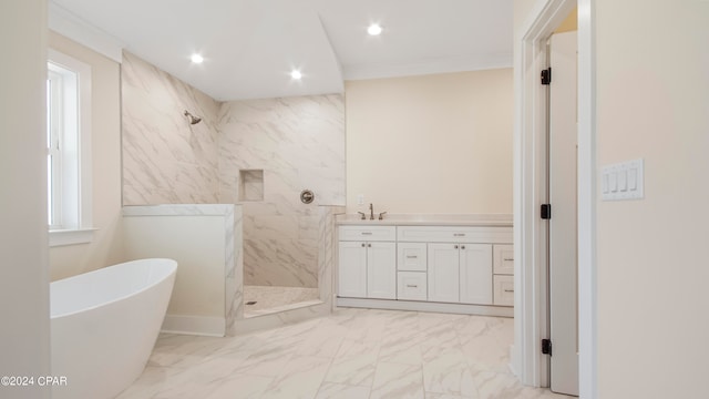 bathroom featuring tile walls, vanity, tile flooring, and tiled shower