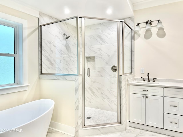 bathroom with tile flooring, vanity, and shower with separate bathtub