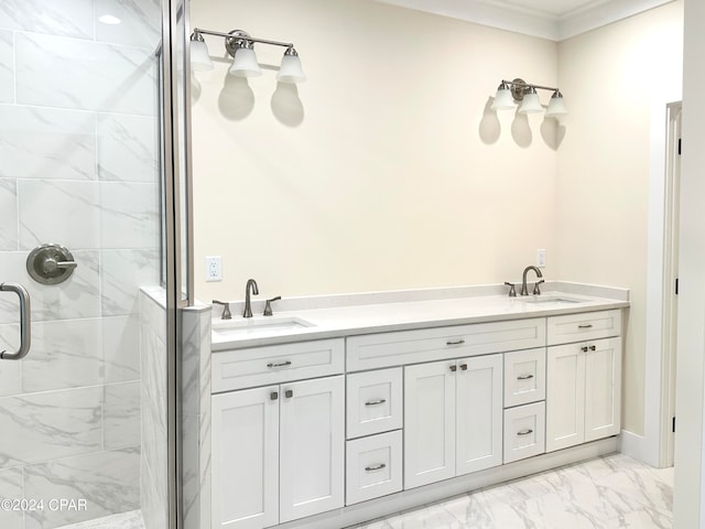 bathroom with an enclosed shower, dual bowl vanity, crown molding, and tile floors