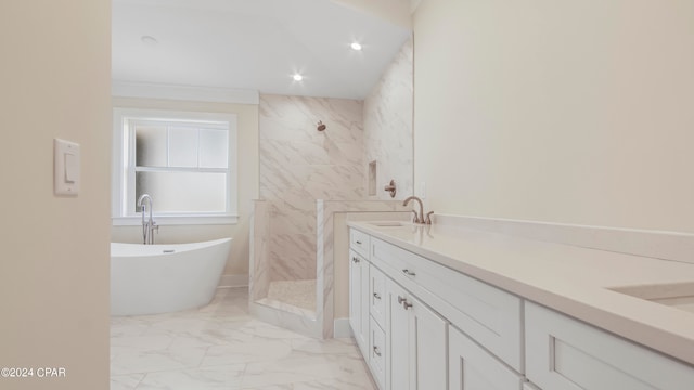 bathroom with tile walls, tile floors, vanity, and plus walk in shower