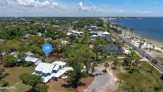 birds eye view of property featuring a water view