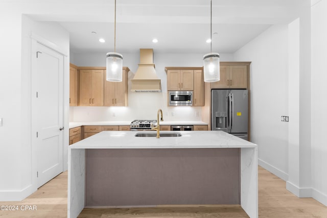 kitchen with appliances with stainless steel finishes, custom exhaust hood, sink, and light wood-type flooring