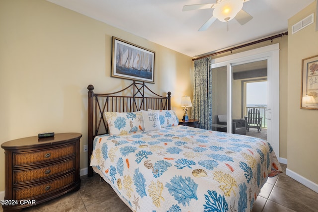 tiled bedroom featuring ceiling fan and access to exterior