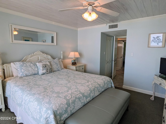 bedroom featuring ornamental molding, carpet, baseboards, and a ceiling fan