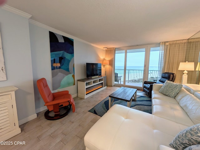 living room with baseboards, a wall of windows, wood finished floors, and crown molding