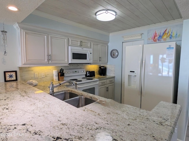 kitchen featuring sink, tasteful backsplash, light stone counters, crown molding, and white appliances