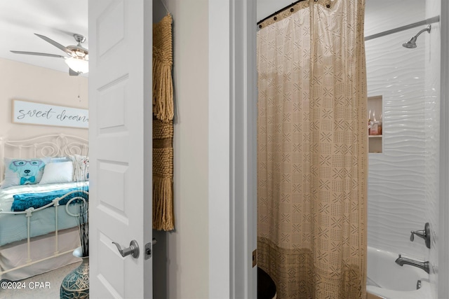 bathroom featuring shower / tub combo with curtain and ceiling fan