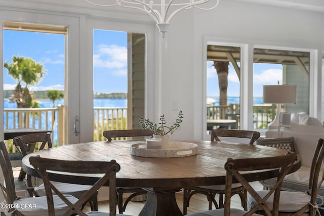 dining room featuring a wealth of natural light and a water view