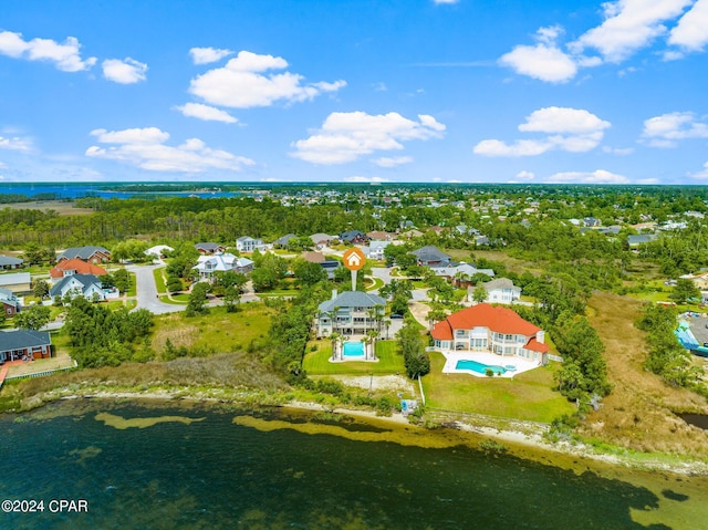 aerial view featuring a water view