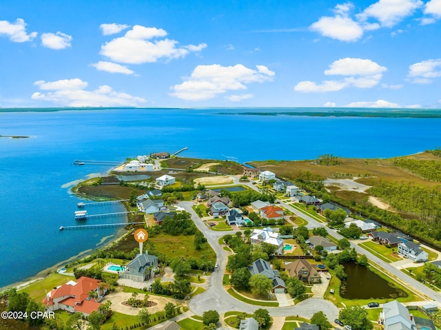 drone / aerial view featuring a water view