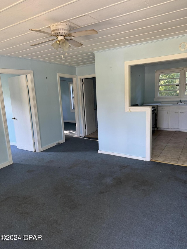 interior space featuring carpet, a sink, a ceiling fan, and baseboards